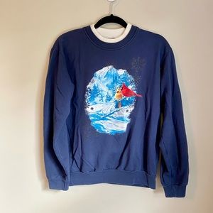 *VINTAGE* 90s Morning Sun Navy Blue Cardinals Winter Scene Sweatshirt Medium
